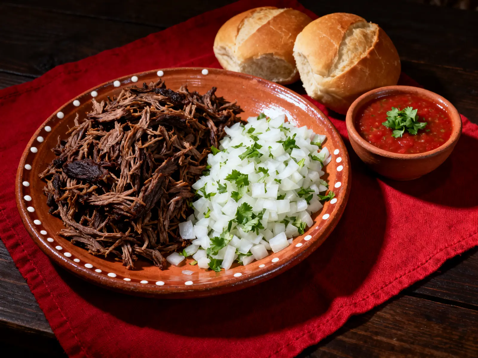 Shredded beef barbacoa on a clay plate with chopped onion and cilantro, a bowl of red salsa and two bolillos, on a red cloth