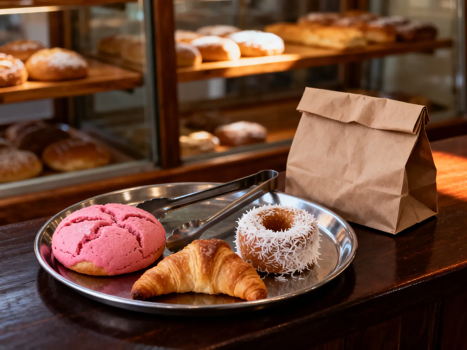 An aluminum tray with tongs holding a pink concha, a cuerno and a coconut yoyo, beside a brown paper bag