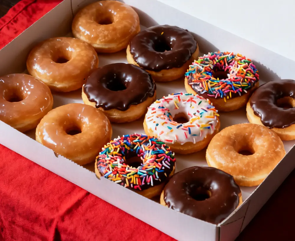 Glazed, chocolate and sprinkled donuts in a white box