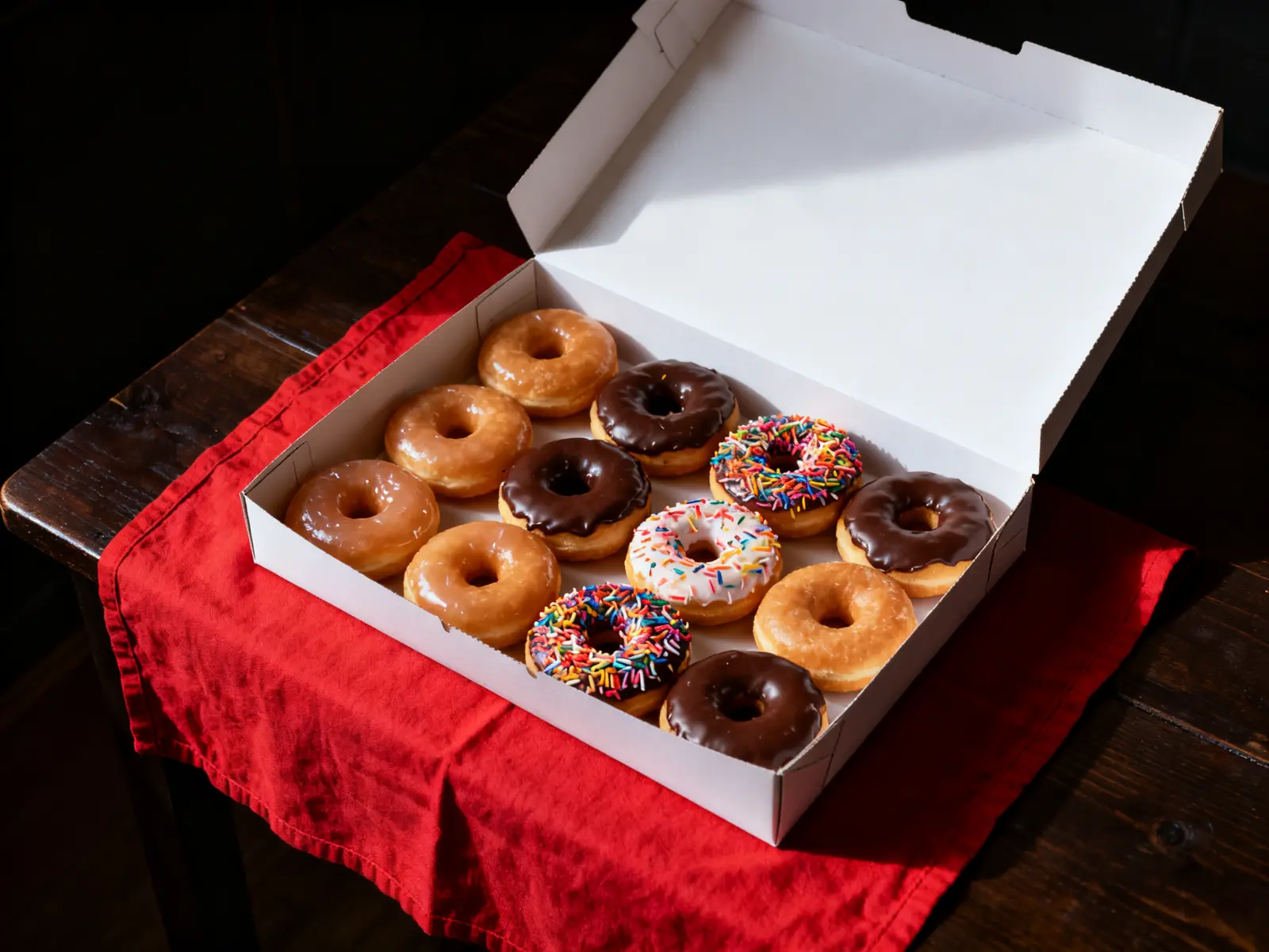 An open white box with a dozen glazed, chocolate and sprinkled donuts on a red cloth