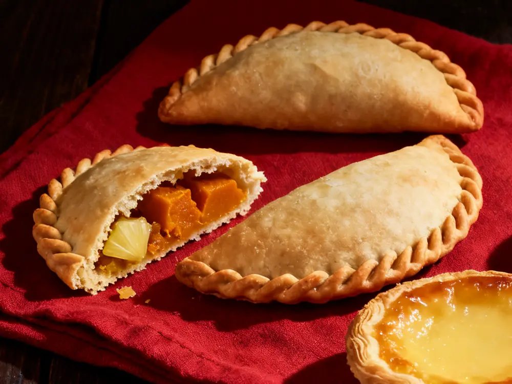 Empanadas with crimped edges, one open to show pineapple and pumpkin filling