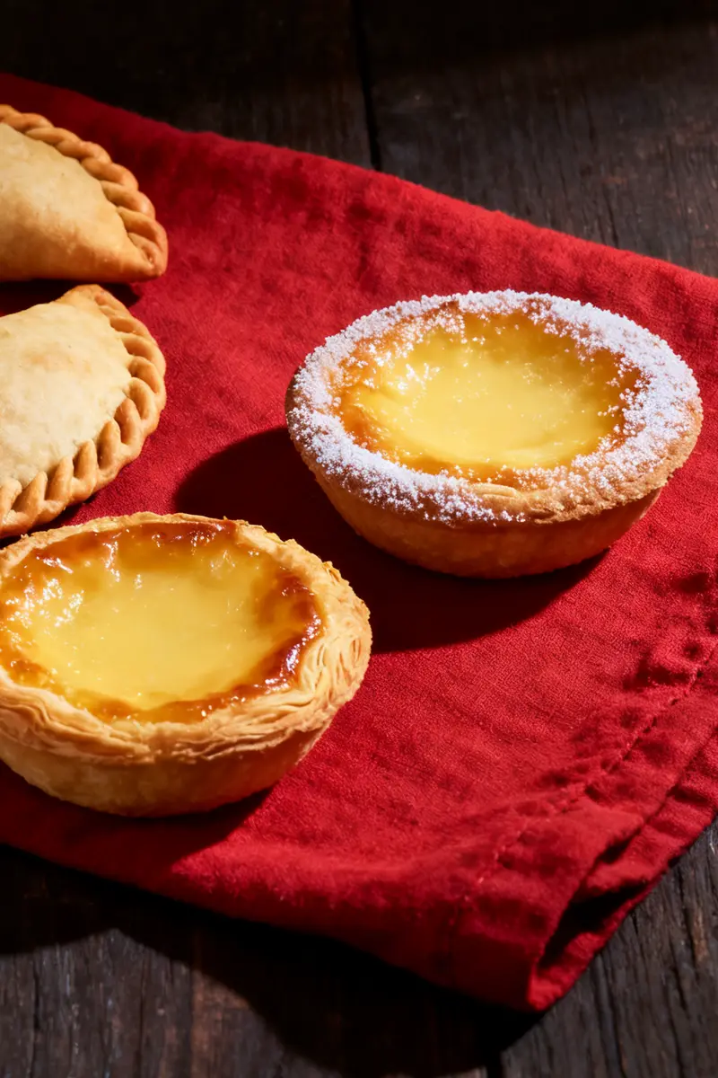 Two lechecillas, flaky pastries filled with baked custard, next to an empanada