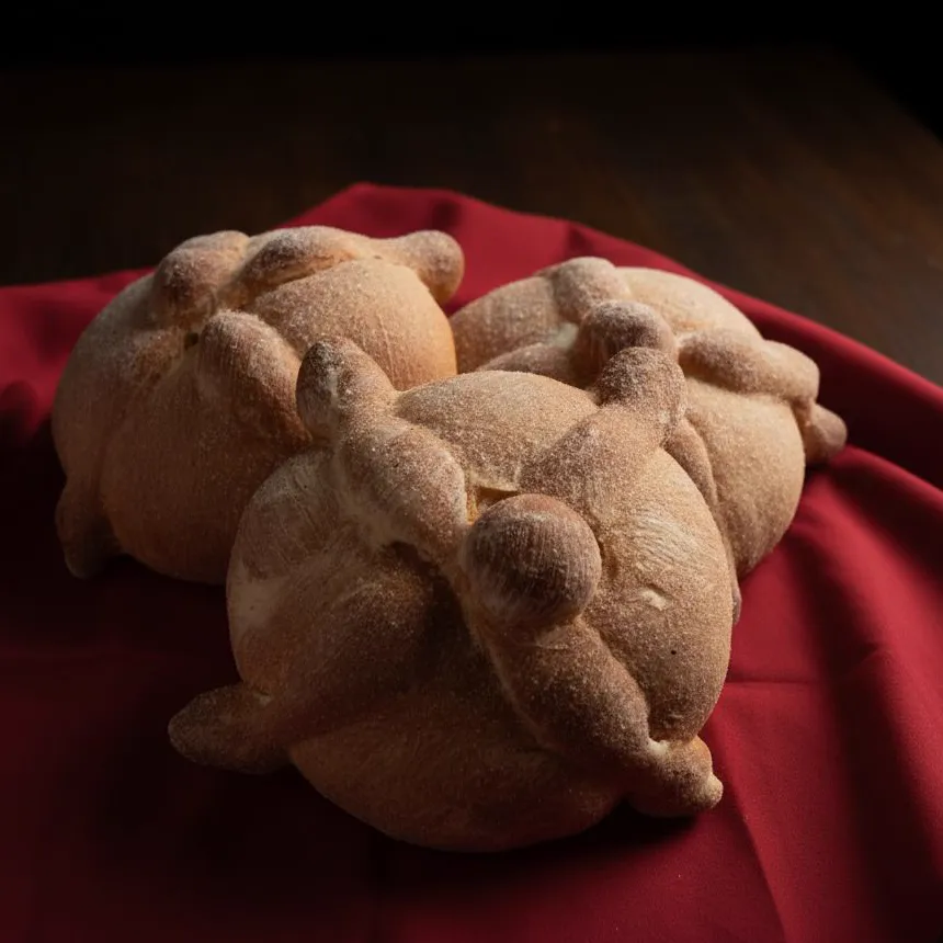 Pan de muerto dusted with sugar on a red cloth