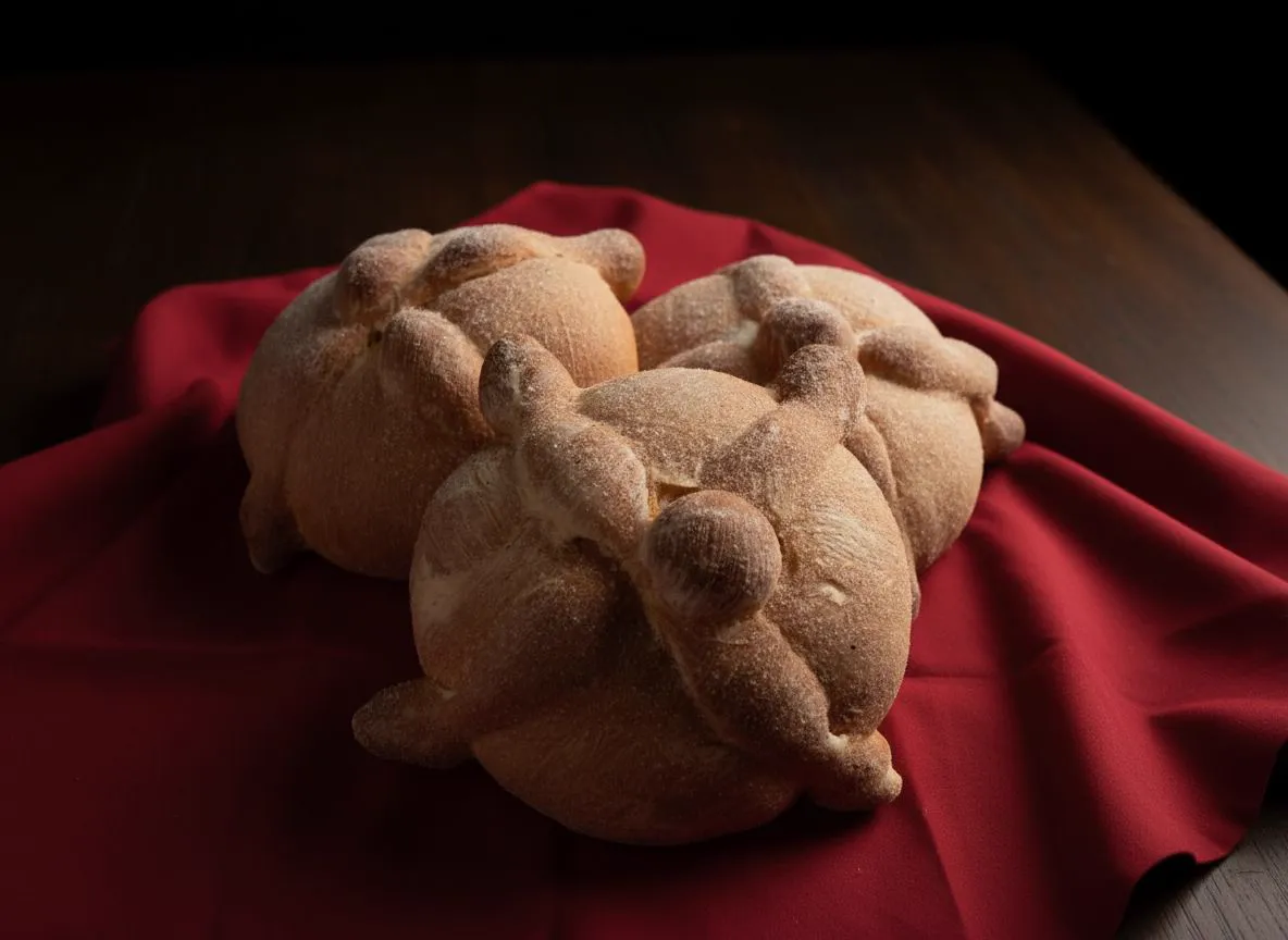 Three pan de muerto loaves dusted with sugar on a red cloth