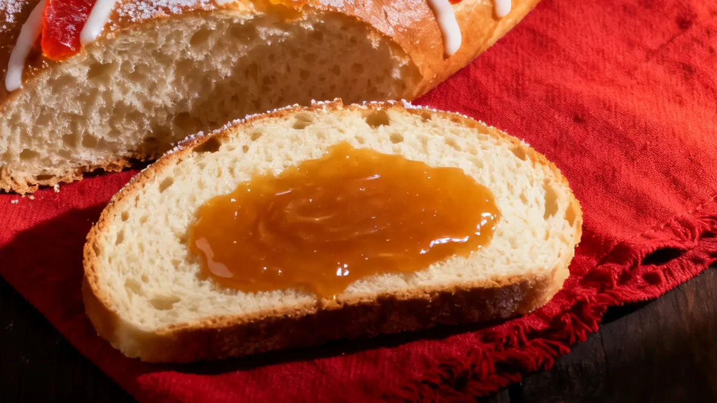 A slice of rosca de reyes with a golden cajeta filling