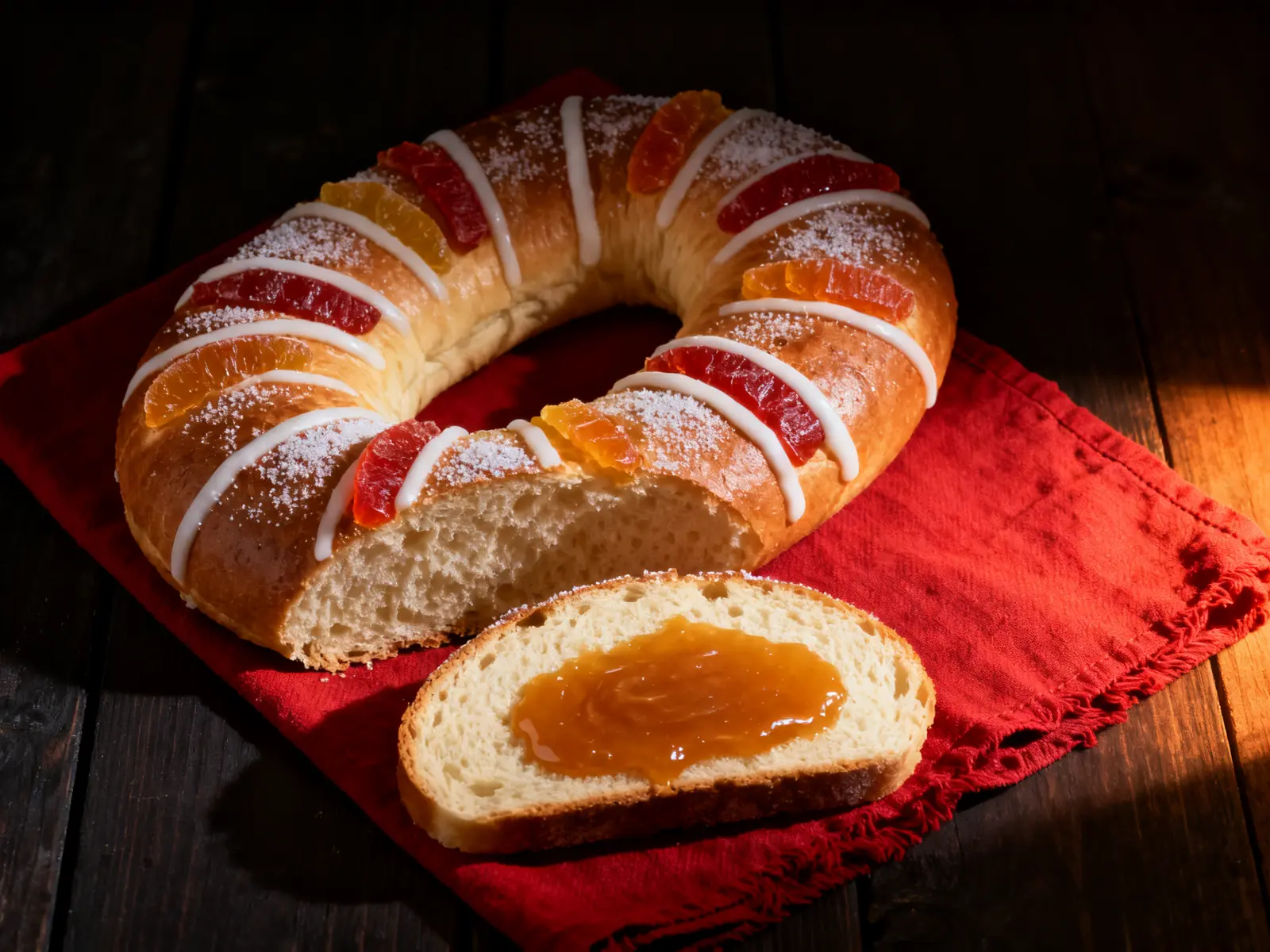 A rosca de reyes with candied fruit, and a slice showing its cajeta filling