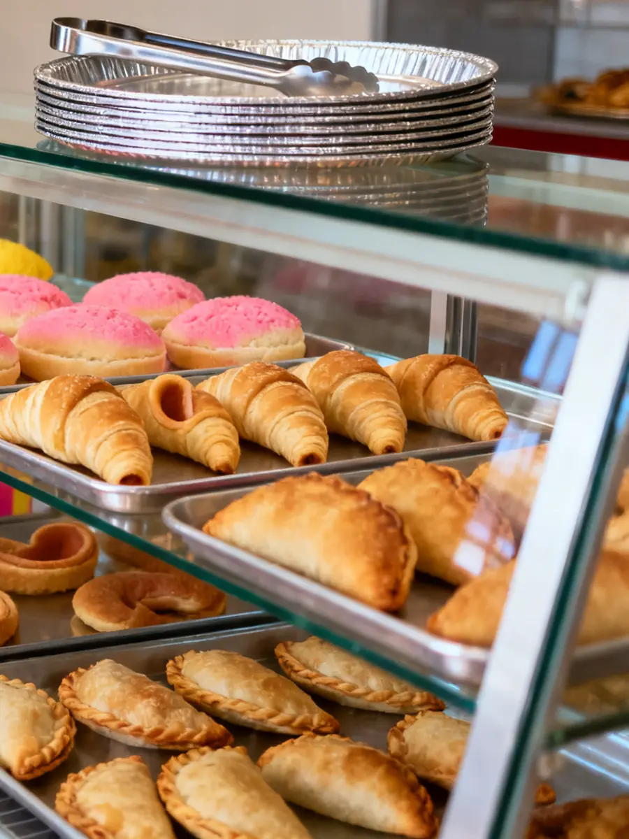 Steel tongs and a stack of aluminum trays on top of the display case, with empanadas inside