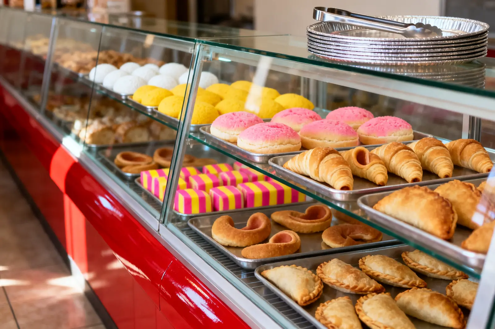 A bakery display case with a red base, full of trays of conchas, cuernos, orejas and empanadas